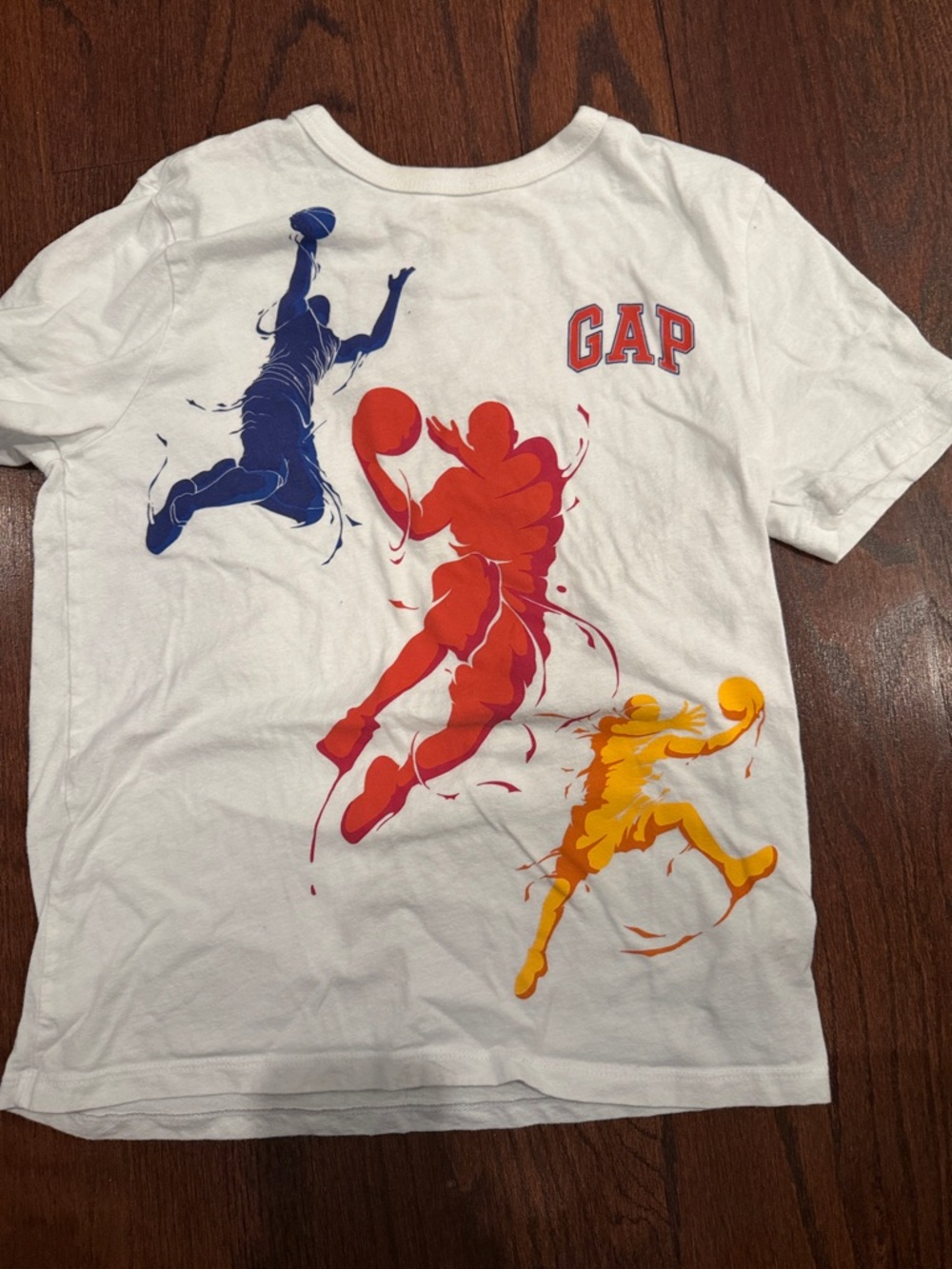 GAP White Tee with Red, Blue and Yellow Basketball Graphics